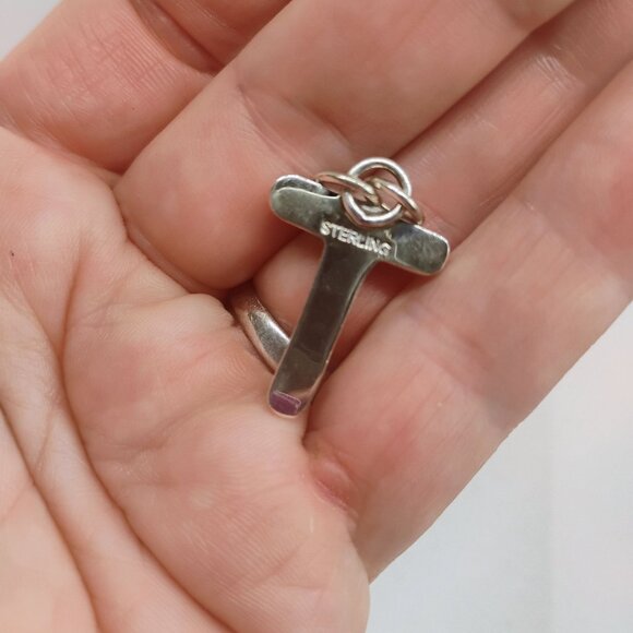 Initial Letter T Pendant Sterling Silver Snake Eye Turquoise Unisex Handmade - Picture 3 of 4